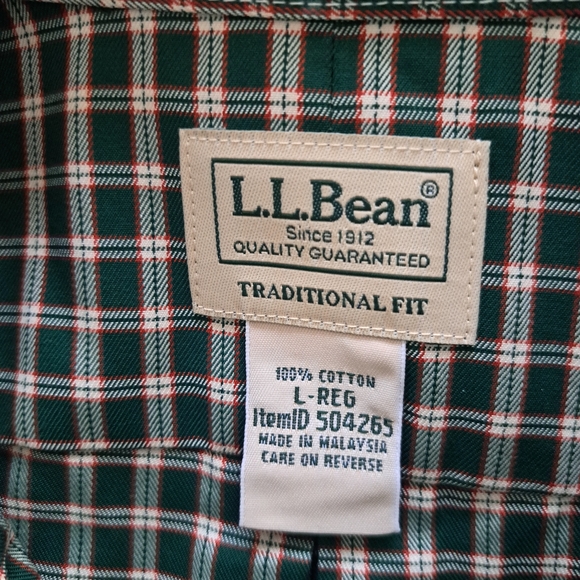 LL Bean Mens Traditional Fit Plaid SS Button Dwn Shirt L REG Green White Red - Picture 7 of 7
